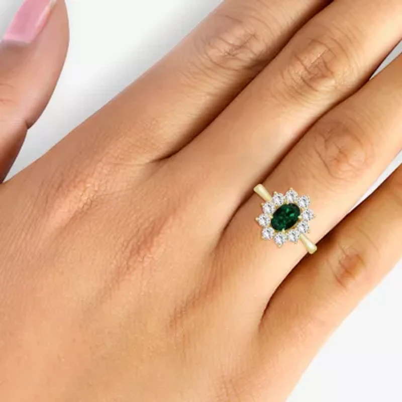 Womens Oval-cut Gemstone & 3/4 CT. T.W. Lab-Grown Diamond 10K Gold Halo Cocktail Ring