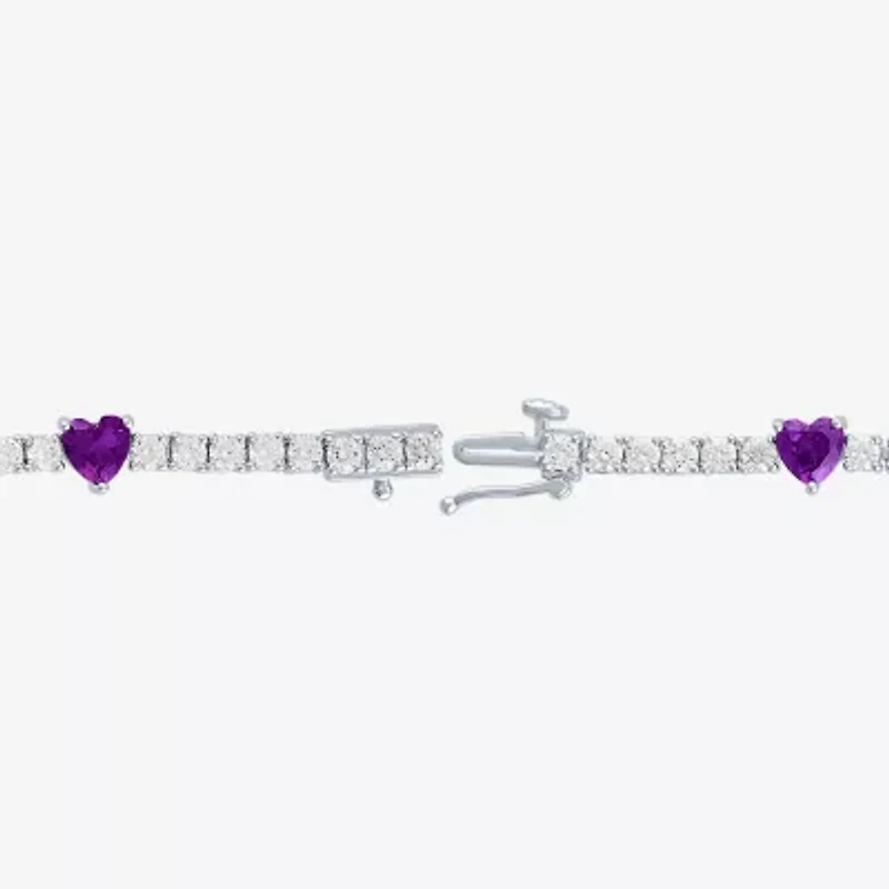 Womens Genuine Purple Amethyst Pure Silver Over Brass Heart Tennis Bracelet