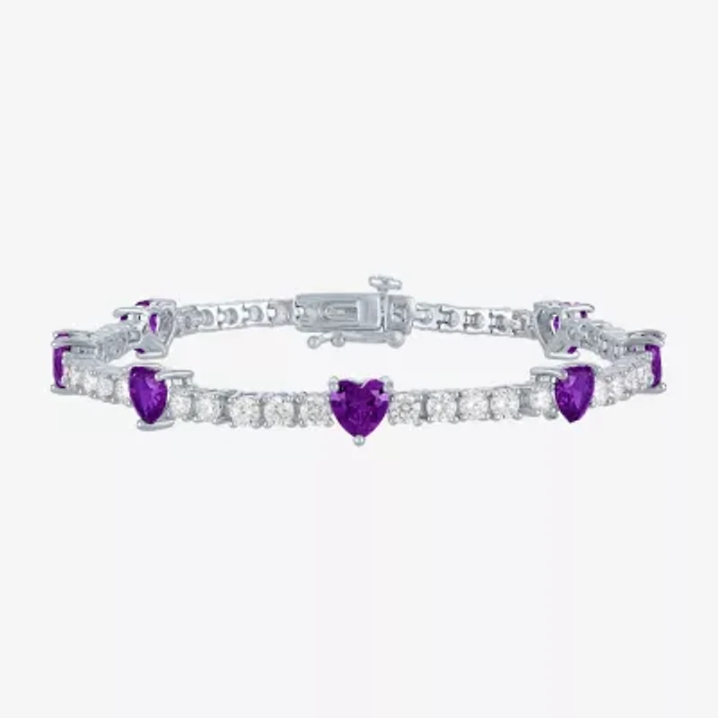 Womens Genuine Purple Amethyst Pure Silver Over Brass Heart Tennis Bracelet