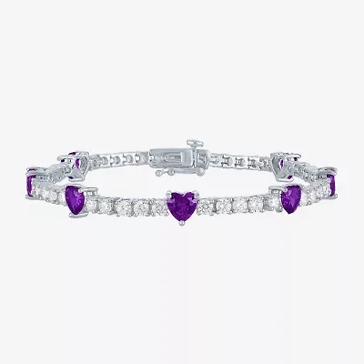 Womens Genuine Purple Amethyst Pure Silver Over Brass Heart Tennis Bracelet