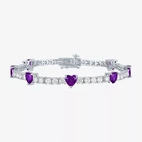 Womens Genuine Purple Amethyst Pure Silver Over Brass Heart Tennis Bracelet