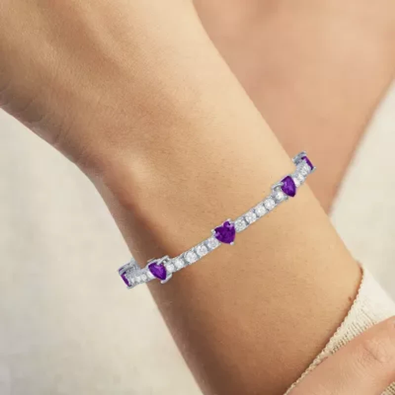 Womens Genuine Purple Amethyst Pure Silver Over Brass Heart Tennis Bracelet
