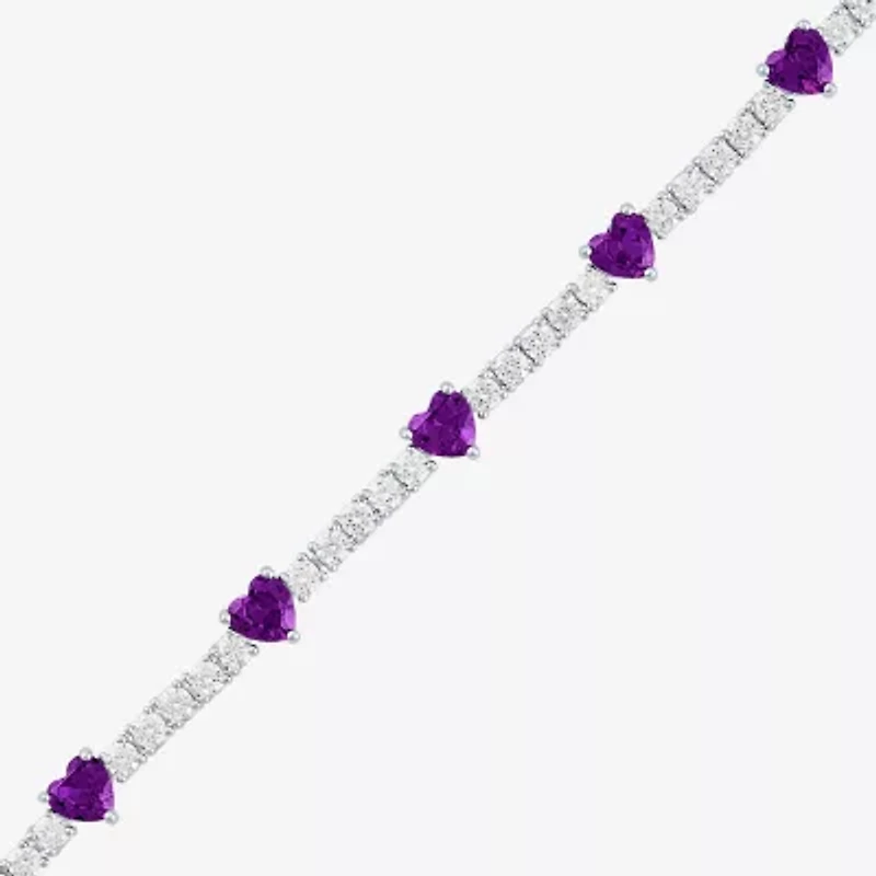 Womens Genuine Purple Amethyst Pure Silver Over Brass Heart Tennis Bracelet