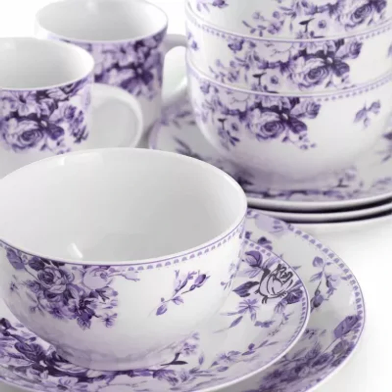 Elama Traditional Purple Rose 16-pc. Stoneware Dinnerware Set