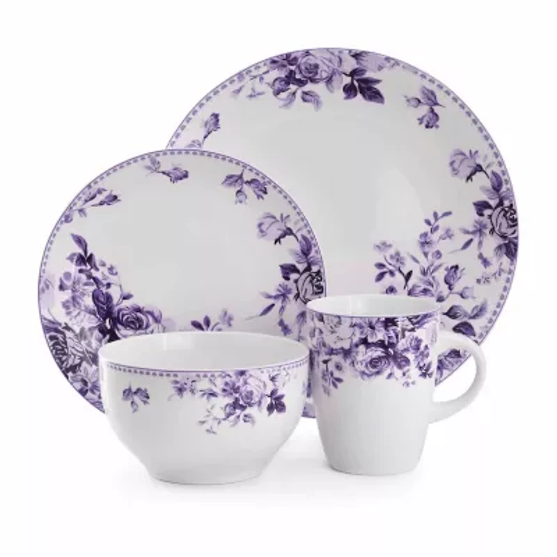 Elama Traditional Purple Rose 16-pc. Stoneware Dinnerware Set