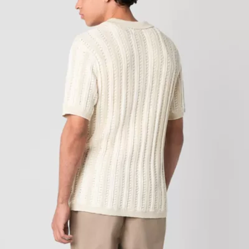 Arizona Mens Open Knit Button-Down Sweater Polo