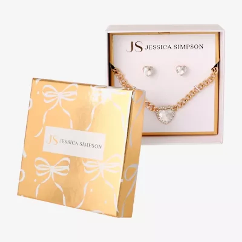 JS Jessica Simpson Gold Tone Collar Necklace & Stud Earring Womens Glass Heart 3-pc. Jewelry Set