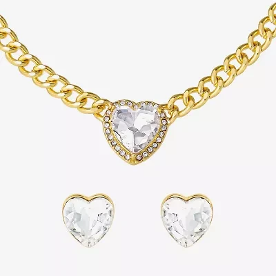 JS Jessica Simpson Gold Tone Collar Necklace & Stud Earring Womens Glass Heart 3-pc. Jewelry Set