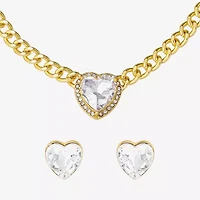 JS Jessica Simpson Gold Tone Collar Necklace & Stud Earring Womens Glass Heart 3-pc. Jewelry Set