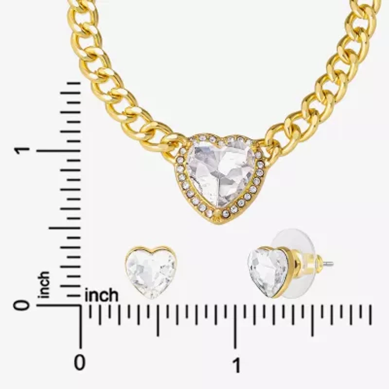 JS Jessica Simpson Gold Tone Collar Necklace & Stud Earring Womens Glass Heart 3-pc. Jewelry Set
