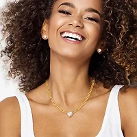 JS Jessica Simpson Gold Tone Collar Necklace & Stud Earring Womens Glass Heart 3-pc. Jewelry Set