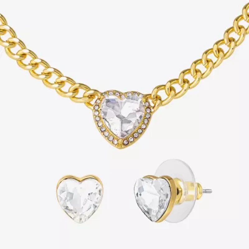 JS Jessica Simpson Gold Tone Collar Necklace & Stud Earring Womens Glass Heart 3-pc. Jewelry Set