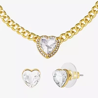 JS Jessica Simpson Gold Tone Collar Necklace & Stud Earring Womens Glass Heart 3-pc. Jewelry Set