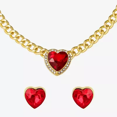 JS Jessica Simpson Gold Tone Collar Necklace  & Stud Earring Womens Multi Color Glass Heart 3-pc. Jewelry Set