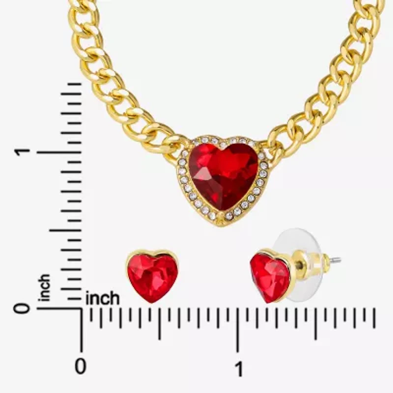 JS Jessica Simpson Gold Tone Collar Necklace  & Stud Earring Womens Multi Color Glass Heart 3-pc. Jewelry Set