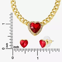 JS Jessica Simpson Gold Tone Collar Necklace  & Stud Earring Womens Multi Color Glass Heart 3-pc. Jewelry Set
