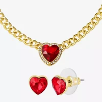 JS Jessica Simpson Gold Tone Collar Necklace  & Stud Earring Womens Multi Color Glass Heart 3-pc. Jewelry Set