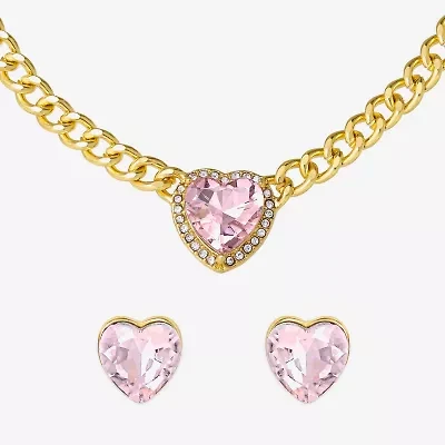 JS Jessica Simpson Gold Tone Collar Necklace & Stud Earring Womens Pink Glass Heart 3-pc. Jewelry Set