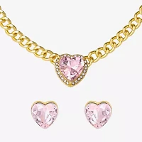 JS Jessica Simpson Gold Tone Collar Necklace  & Stud Earring Womens Pink Glass Heart 3-pc. Jewelry Set