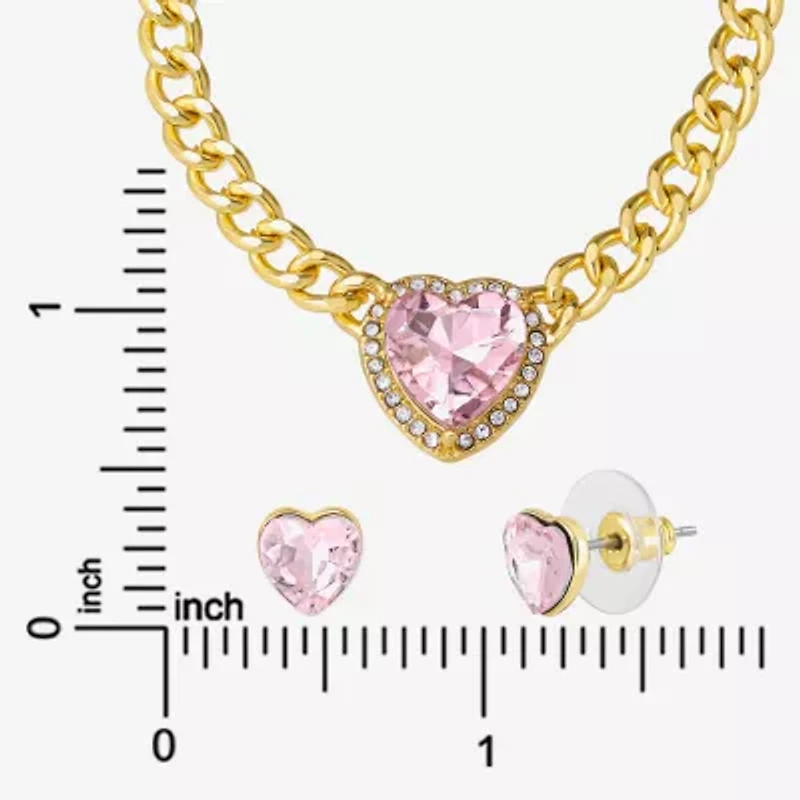 JS Jessica Simpson Gold Tone Collar Necklace  & Stud Earring Womens Pink Glass Heart 3-pc. Jewelry Set