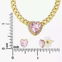 JS Jessica Simpson Gold Tone Collar Necklace  & Stud Earring Womens Pink Glass Heart 3-pc. Jewelry Set