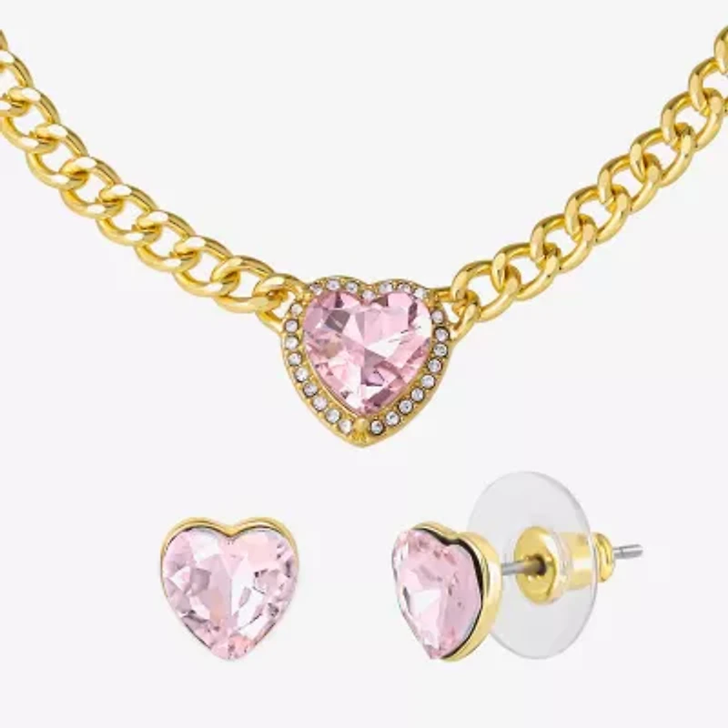 JS Jessica Simpson Gold Tone Collar Necklace  & Stud Earring Womens Pink Glass Heart 3-pc. Jewelry Set