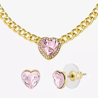 JS Jessica Simpson Gold Tone Collar Necklace  & Stud Earring Womens Pink Glass Heart 3-pc. Jewelry Set