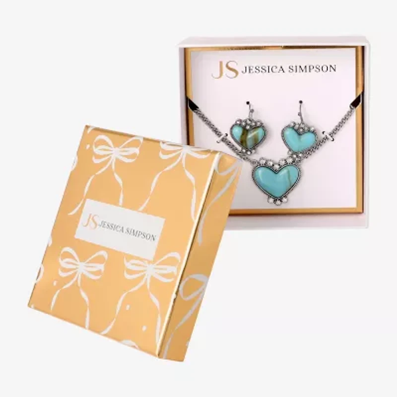 JS Jessica Simpson Silver Tone Pendant Necklace & Stud Earring Womens Multi Color Glass Heart 3-pc. Jewelry Set