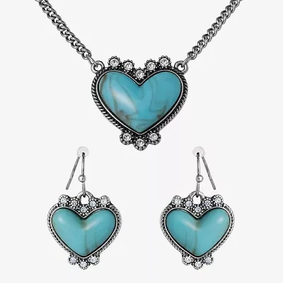 JS Jessica Simpson Silver Tone Pendant Necklace & Stud Earring Womens Multi Color Glass Heart 3-pc. Jewelry Set
