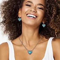 JS Jessica Simpson Silver Tone Pendant Necklace & Stud Earring Womens Multi Color Glass Heart 3-pc. Jewelry Set