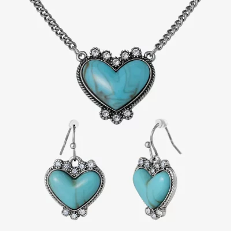 JS Jessica Simpson Silver Tone Pendant Necklace & Stud Earring Womens Multi Color Glass Heart 3-pc. Jewelry Set