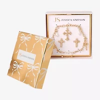 JS Jessica Simpson Gold Tone Charm Bracelet & Stud Earring Womens Multi Color Glass Simulated Pearl Cross 3-pc. Jewelry Set