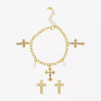 JS Jessica Simpson Gold Tone Charm Bracelet & Stud Earring Womens Multi Color Glass Simulated Pearl Cross 3-pc. Jewelry Set
