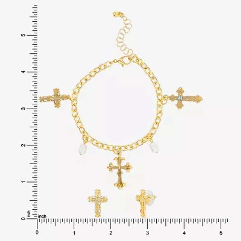 JS Jessica Simpson Gold Tone Charm Bracelet & Stud Earring Womens Multi Color Glass Simulated Pearl Cross 3-pc. Jewelry Set