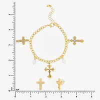 JS Jessica Simpson Gold Tone Charm Bracelet & Stud Earring Womens Multi Color Glass Simulated Pearl Cross 3-pc. Jewelry Set