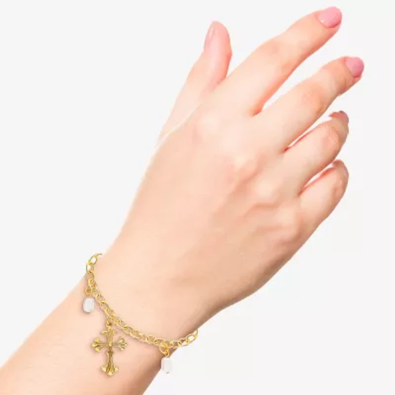 JS Jessica Simpson Gold Tone Charm Bracelet & Stud Earring Womens Multi Color Glass Simulated Pearl Cross 3-pc. Jewelry Set