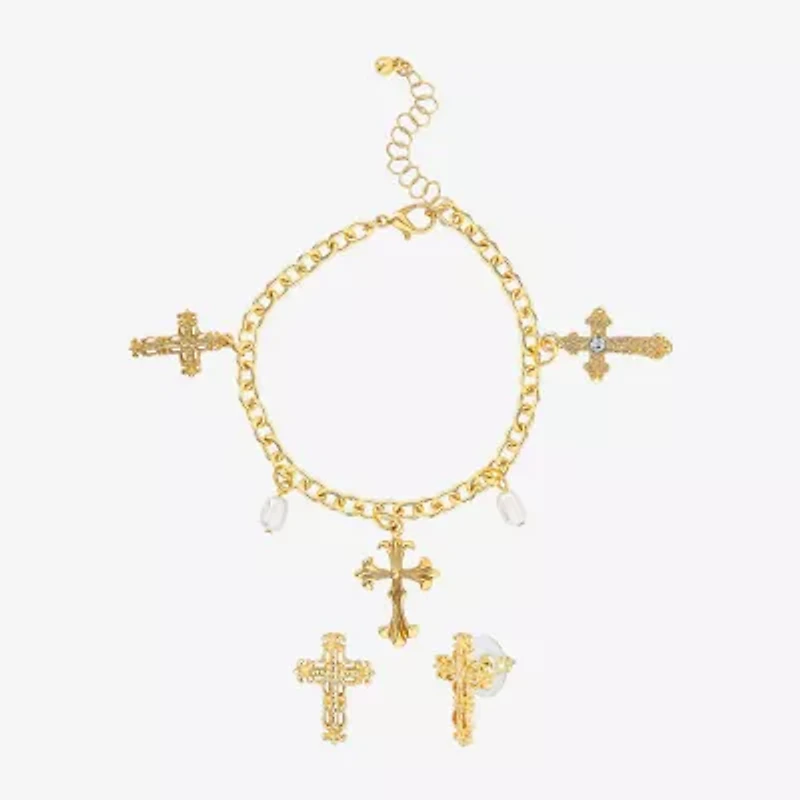 JS Jessica Simpson Gold Tone Charm Bracelet & Stud Earring Womens Multi Color Glass Simulated Pearl Cross 3-pc. Jewelry Set