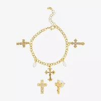 JS Jessica Simpson Gold Tone Charm Bracelet & Stud Earring Womens Multi Color Glass Simulated Pearl Cross 3-pc. Jewelry Set