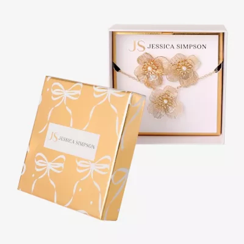 JS Jessica Simpson Gold Tone Pendant Necklace & Stud Earring Womens White Simulated Pearl Flower 3-pc. Jewelry Set
