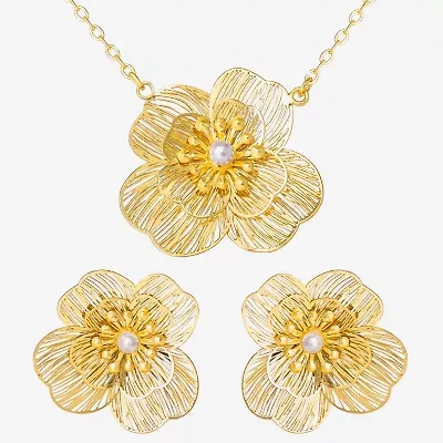 JS Jessica Simpson Gold Tone Pendant Necklace & Stud Earring Womens White Simulated Pearl Flower 3-pc. Jewelry Set