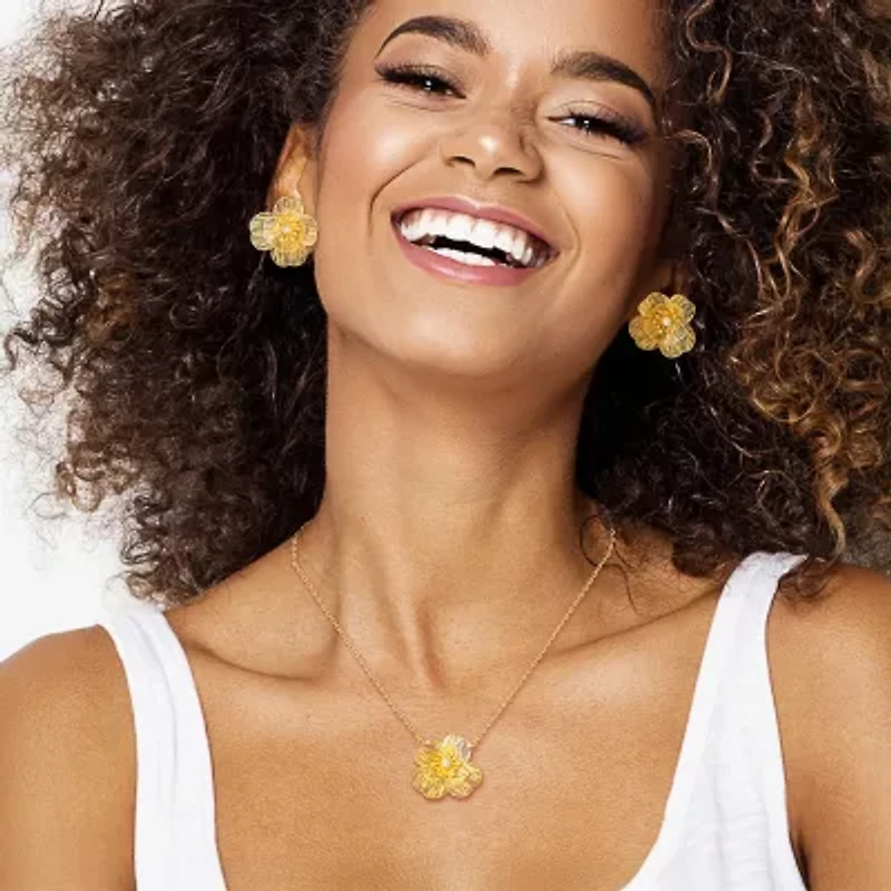 JS Jessica Simpson Gold Tone Pendant Necklace & Stud Earring Womens White Simulated Pearl Flower 3-pc. Jewelry Set