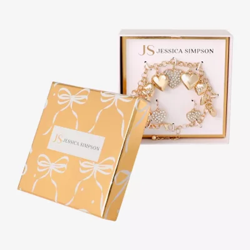 JS Jessica Simpson Gold Tone Charm Bracelet & Drop Earring Womens Crystal Heart 3-pc. Jewelry Set