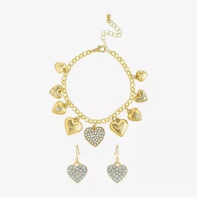 JS Jessica Simpson Gold Tone Charm Bracelet & Drop Earring Womens Crystal Heart 3-pc. Jewelry Set