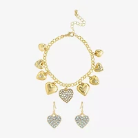 JS Jessica Simpson Gold Tone Charm Bracelet & Drop Earring Womens Crystal Heart 3-pc. Jewelry Set