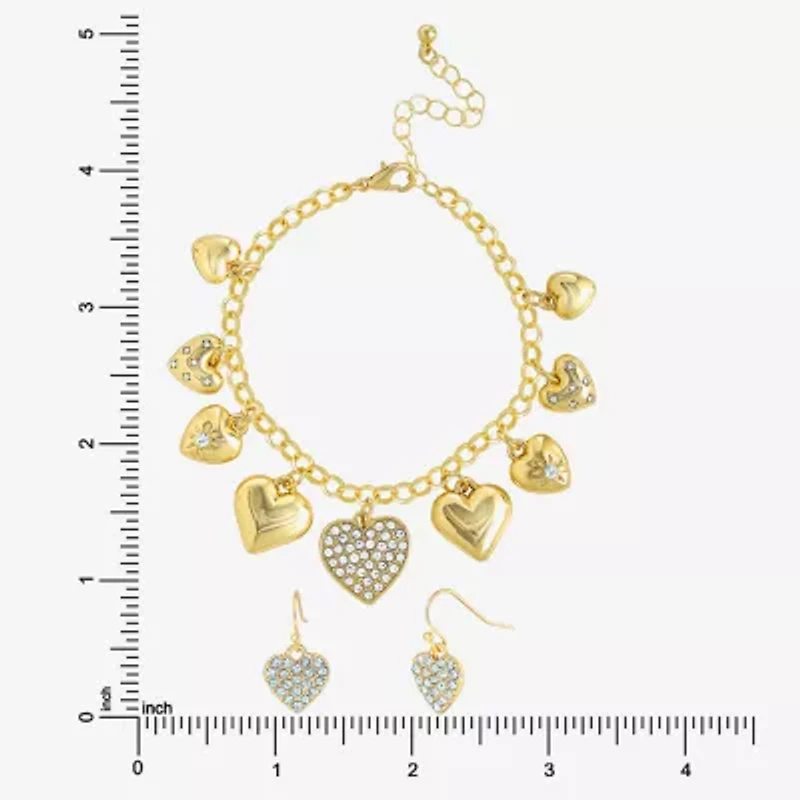 JS Jessica Simpson Gold Tone Charm Bracelet & Drop Earring Womens Crystal Heart 3-pc. Jewelry Set