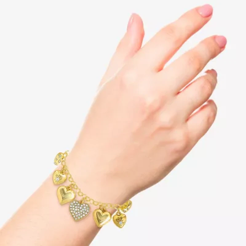 JS Jessica Simpson Gold Tone Charm Bracelet & Drop Earring Womens Crystal Heart 3-pc. Jewelry Set