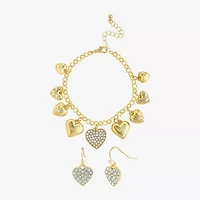 JS Jessica Simpson Gold Tone Charm Bracelet & Drop Earring Womens Crystal Heart 3-pc. Jewelry Set