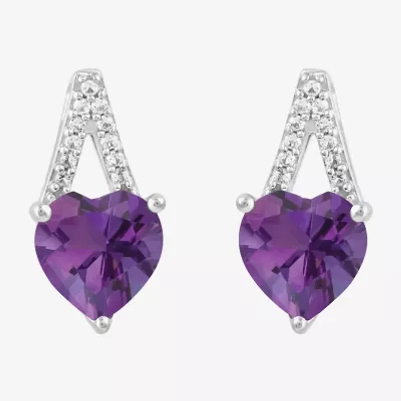 Womens Lab Created Purple Amethyst Sterling Silver Heart Drop Earrings