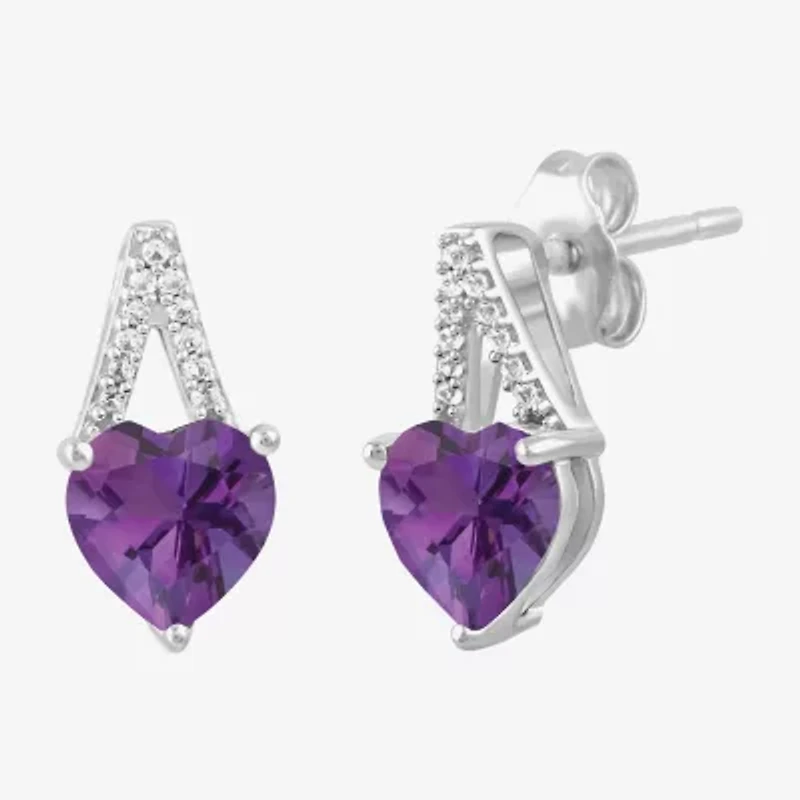 Womens Lab Created Purple Amethyst Sterling Silver Heart Drop Earrings