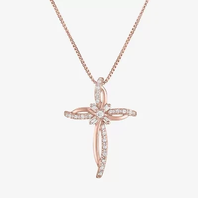 Womens 1/10 CT. T.W. Natural White Diamond 14K Rose Gold Over Silver Cross 18 Inch Pendant Necklace